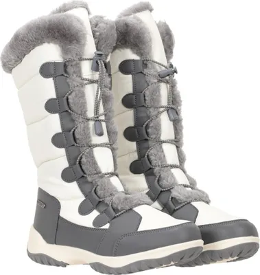 A pair of white and gray winter boots with gray fur trim.