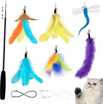 Productafbeelding van Interactief kattenspeelgoed hengel met veer - intrekbare kattenhengel - kleurrijk met 6 reserveveren