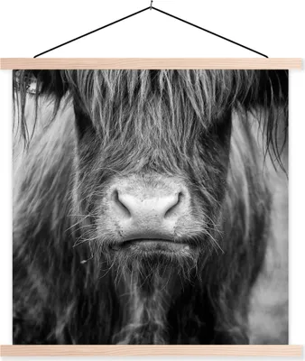 Produktbild von MuchoWow® Textilposter Schottisches Hochlandrind - Haare - Tiere 60x60 cm mit holzfarbenen Rahmen - Wanddekoration