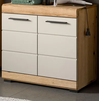 Produktbild von Waschbeckenunterschrank "Shawn" in Sand Kashmir und Evoke Eiche Badezimmer Unterschrank 60 cm