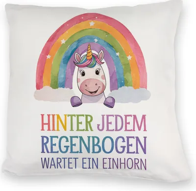 Produktbild von Lächelndes Einhorn Kuschelkissen Hinter jedem Regenbogen