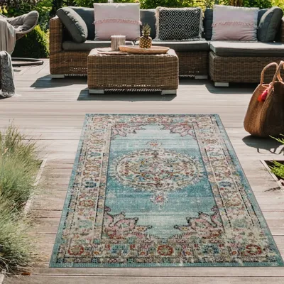 Produktbild von Teppich Orient Teppich Outdoor Wohnzimmerteppich Vintage in blau creme Größe - 80 x 150 cm