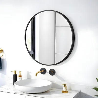 Obrázek produktu pro Minimalistické kulaté nástěnné zrcadlo v černém kovovém rámu