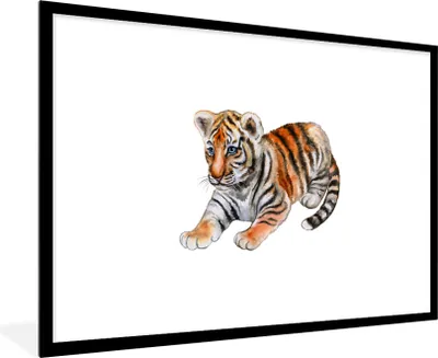 Produktbild von MuchoWow® MuchoWow® Gerahmtes Poster Tiger - Baby - Weiß 90x60 cm - Poster mit zchwarzem Bilderrahmen - Wanddekoration - Fotos
