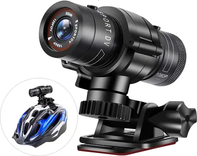 A black action camera with a helmet mount and a bicycle helmet shown in a circular inset.