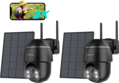 Produktbild von COOAU 2K-Überwachungskamera für den Außenbereich, batteriebetrieben, PTZ, PIR, Personenerkennung, Farbe, Nachtsicht, Wasserdicht, 2PCS