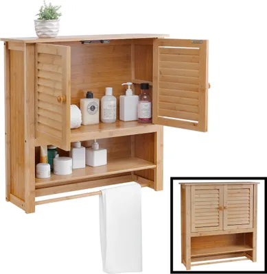 Produktbild von Badezimmerschrank hängend - Bambus holz - Hängender Schrank für Badezimmer - Wandschrank mit Handtuchhalter - Decopatent