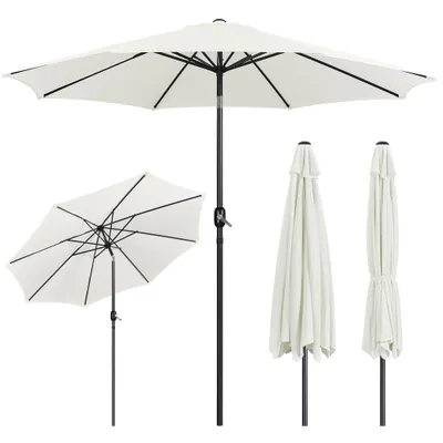 Multiple views of a cream-colored patio umbrella against a white background.