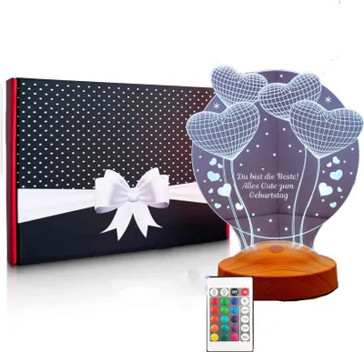 Produktbild von Geschenkelampe LED Nachttischlampe Ballon Herzen 3D Gravur mehrfarbiges Geburtstagsgeschenk