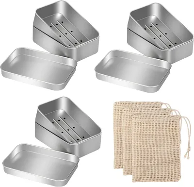 Productafbeelding van Aluminium zeepdoos - Verpakking van 3 zeepschotels met druppelrek - Verwijderbare zeepzak en sisal zeepzak - Reiszeepschotel - Solide shampoo