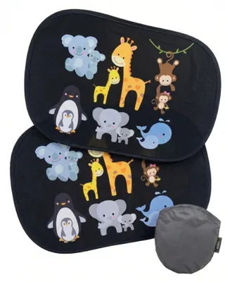 Produktbild von 2X HECKBO Auto Sonnenblenden Kinder Baby Tiere mit Mama Motiv, 48 x 31 cm, 8 Saugnäpfe, UV-Schutz, faltbar inkl. Tragetasche Kind