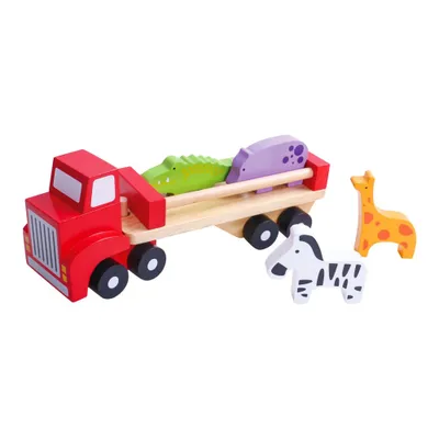 Zdjęcie produktu dla Tooky Toy drewniana ciężarówka z figurkami zwierząt (krokodyl, żyrafa, zebra, hipopotam) - transporter zwierząt do pchania, ciągnięcia, zabawy - trenuje zdolności motoryczne i koordynację ok. 26,5 x 8,5 x 13 cm