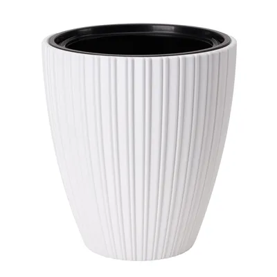 Produktbild von Blumenübertopf "Line" mit herausnehmbaren Einsatz 2in1, 3D-Textur, Oval | Höhe: 42cm | Farbe: weiß