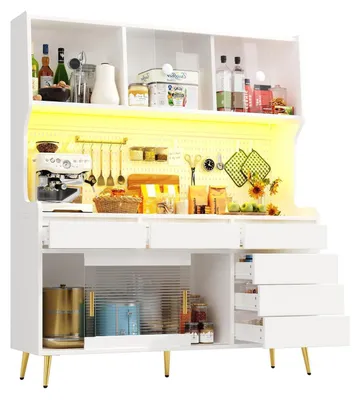 Image de Armoire de cuisine haute avec éclairage LED, tiroir, panneau perforé, dimensions 145x39x171 cm, blanche