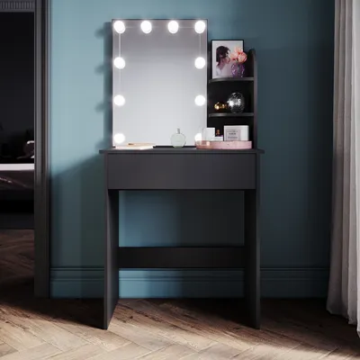 Produktbild von SONNI schwarze Kommode 70x40x140cm LED-Lichtkommode mit einstellbarer Helligkeit mit Spiegel und Schublade