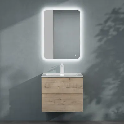 Image de doporro Meuble de Salle de Bain Suspendu 60x48x50cm Ensemble de 3 Pièces Meuble avec Lavabo Solid Surface et Led Miroir Design Aqualis