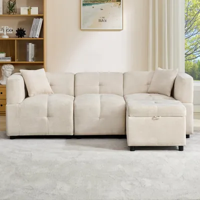Produktbild von okwish Ecksofa mit Stauraum,3-Sitzer-Sofa mit abnehmbarem Fußhocker und 2 Kissen,Relaxsofa für Wohnzimmer und Büro,Beige