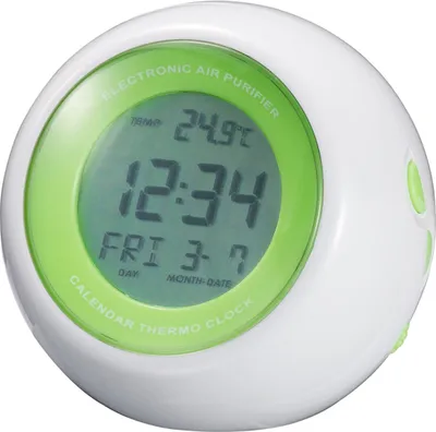 Produktbild von Quarz-Wecker mit Luftreinigungssystem – weiß, grün – mit Temperatur, Datums- und Wochentagsanzeige, Schlummerfunktion und LED-Hintergrundbeleuchtung