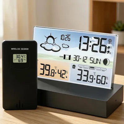 Produktbild von Wetterstation mit Farbdisplay – 4 Helligkeitsstufen, Innen-/Außentemperatur & -feuchtigkeit, 12h Wettervorhersage, 2 Alarme – für Zuhause & Garten