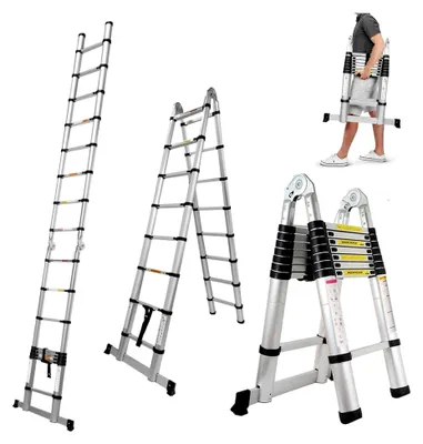 Produktbild von Teleskopleiter 5 m klappbar aus Aluminium mit rutschfesten Gummifüßen und Arretiermechanismus, max. 150 kg Tragkraft