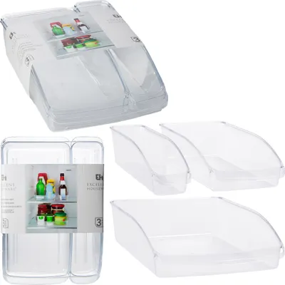 A collage of images showing clear plastic refrigerator storage containers.