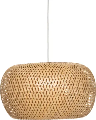 A pendant lamp made of woven bamboo.