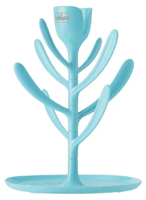 A light blue bottle drying rack shaped like a tree.