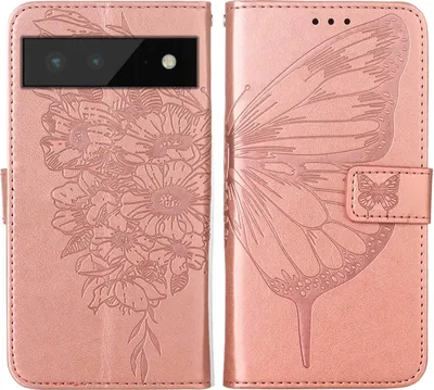 Produktbild von Google Pixel 6 Hülle, Schmetterling Prägung Flip Leder Kartenfächer Schutzhülle Ledertasche mit Ständer für Google Pixel 6 Roségold