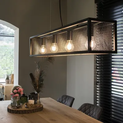 Produktbild von QAZQA - Industrie I Vintage I Industrie I Vintage I Hängelampe I Pendellampe I Pendelleuchte schwarz mit Netz 4-flammig Lichter – Cage I Wohnzimmer I Schlafzimmer - Stahl Rechteckig - LED geeignet E27