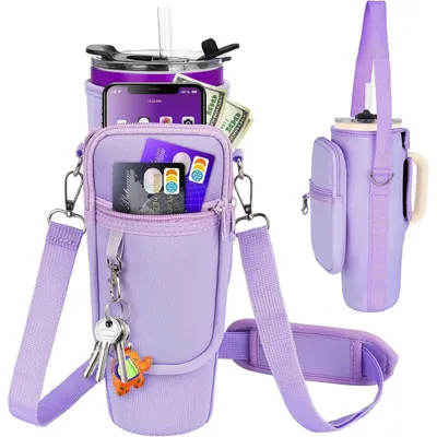 Image de Sac de transport pour bouteilles Stanley/Meoky de 40 oz, avec poignée, compartiment pour téléphone, bandoulière, en néoprène, couleur violet