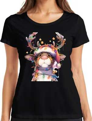 Produktbild von Rentier Lichterkette Weihnachten niedlich Geschenk Retro Damen T-Shirt, Schwarz, 3XL