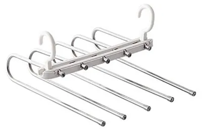 Produktbild von Zusammenklappbarer 5-in-1 Hosenbügel aus Edelstahl mit ausziehbarem Clip zum Aufbewahren von Hosen, Schals, Krawatten und Gürteln