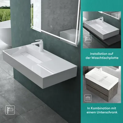 A collage showing a white washbasin in different installation scenarios.