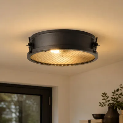 Produktbild von Industrial Deckenlampe mit Gitter in Schwarz - 2x E27 - Ø 34 cm