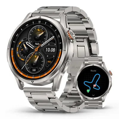 Two smartwatches with metal bands are displayed against a white background. The larger smartwatch has a black face with multiple dials and a digital time display. The smaller smartwatch shows a route map on its screen.