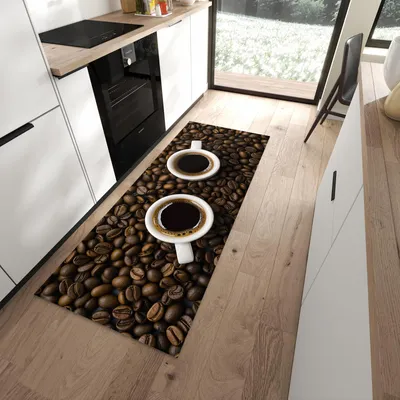Produktbild von Küchenläufer 80 x 200 cm Braun rutschfest & waschbar – Küchenteppich Kaffeebohnen und Tassen PVC Teppichläufer Küche