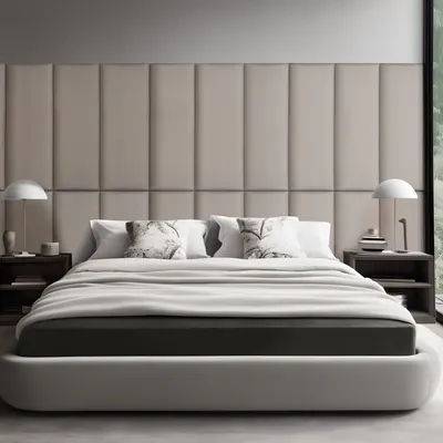 A bedroom scene with a bed and headboard.