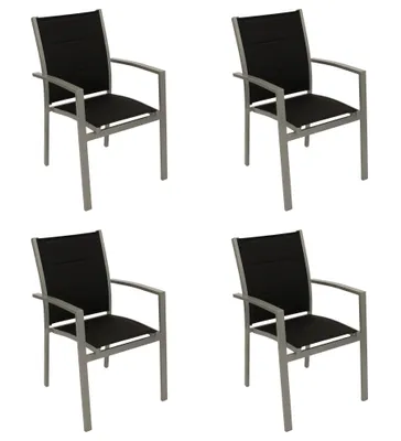 Four identical outdoor chairs are arranged in a 2x2 grid against a white background.