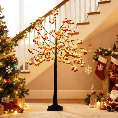 Obrázek produktu pro COSTWAY LED světelný stromek 150 cm, osvětlený světelný stromek se 480 teplými bílými LED diodami a 384 červenými ozdobami, dekorativní stromek s ohýbatelnými větvemi, vánoční dekorace