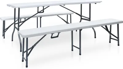 Image de Table pliable de jardin avec 2 bancs 180 cm Acier et PEHD Blanc