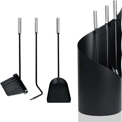 Produktbild von ROSEJANE Kaminbesteck 4-teilig aus Edelstahl, Kamingarnitur mit Ständer, Schürhaken, Ascheschaufel und Kaminbesen, hitzebeständiges Ofenzubehör, Schwarz