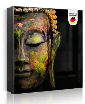 Produktbild von banjado Schlüsselkasten aus Metall, 30x30cm groß mit 32 Haken, als Magnettafel nutzbar, Korpus schwarz, Anschlag rechts, Bunter Buddha [SKG1 12103]