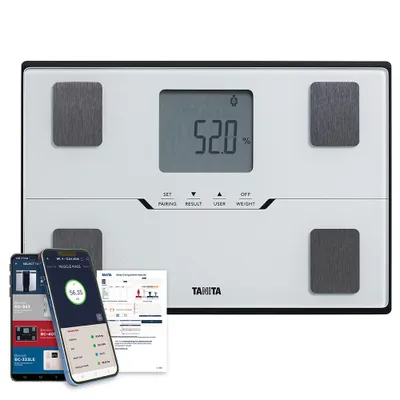 Productafbeelding van TANITA BC-401 Slimme lichaamsanalyseweegschaal, meet lichaamsvet, spiermassa, visceraal vet, lichaamswater, BMI en metabolische leeftijd, Bluetooth, weegschaal voor het hele gezin