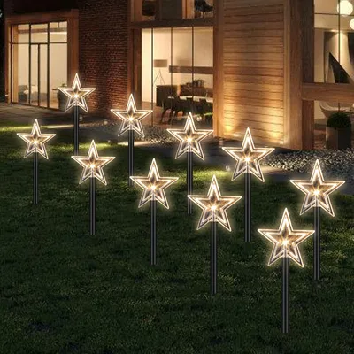 Zdjęcie produktu dla 10 sztuk dekoracyjnych gwiazd do ogrodu, 23 cm, ciepła biel, timer 6/18 godzin, przewód 1,6 m, lampki LED do ogrodu w kształcie gwiazd, dekoracje świąteczne, oświetlenie zewnętrzne, wodoodporne, dekoracje świąteczne