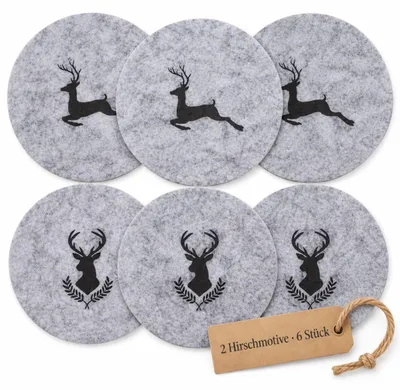 Produktbild von Filz-Untersetzer 6er Set - Rund mit Hirschmotiven - Tischschutz für Gläser und Tassen - Ø 10 cm Hellgrau