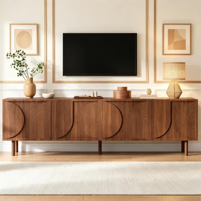 Produktbild von Merax TV Lowboard TV-Schrank mit 4 Türen und 2 Staufächer, 180cm Fernsehtisch mit 3D Reliefdesign, Soft Close, TV Board für 75 Zoll, Walnuss Optik