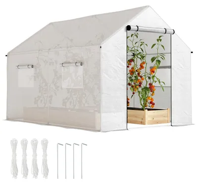 Image de Serre de jardin tunnel 2 x 3m, 6m2 avec porte enroulable, 4 fenšºtres, - Acier galvanisšŠ PE Haute densitšŠ Blanc