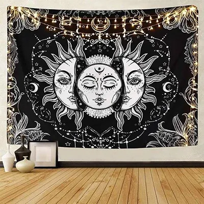 Produktbild von Ibenzoa® Schwarz-Weißer Boho-Mandala Wandteppich mit Sonne und Mond, 100% Polyester – vielseitiger Wandbehang 148 x 200 cm