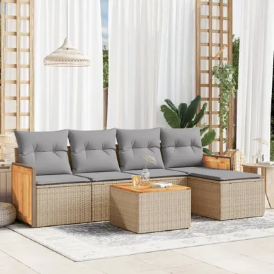 Produktbild von Design 6-tlg. Garten-Sofagarnitur mit Kissen Beige Poly Rattan, Gartenmöbel-Sets 2024 Neu