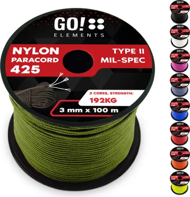 Produktbild von GO!elements 100m Paracord Seil aus reißfestem Nylon - 3mm Paracord 425 Typ II max. 192kg - Schnüre als Outdoor Seil, Allzweckseil, Survival Seil, Armband, Hundeleine, Nylonschnur, Farbe: Oliv